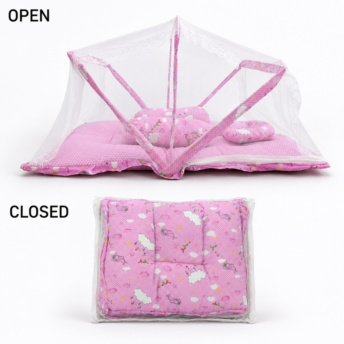 4 Piece Baby Mosquito Net Set with Soft Bedding – 0–7 Months