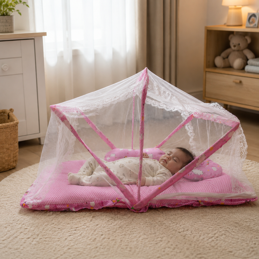 4 Piece Baby Mosquito Net Set with Soft Bedding – 0–7 Months